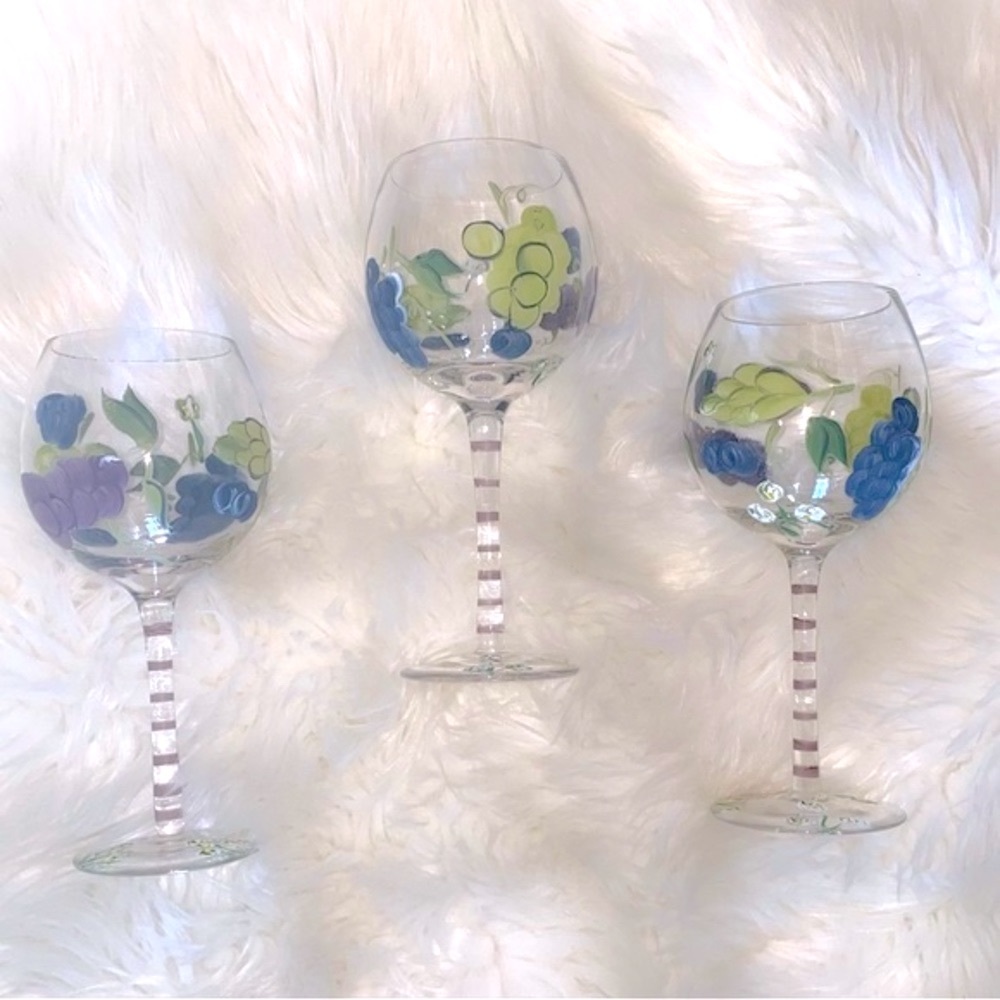 Set of 7 Hand Painted Glass Wine Goblets Flowers Polka Dot Variety